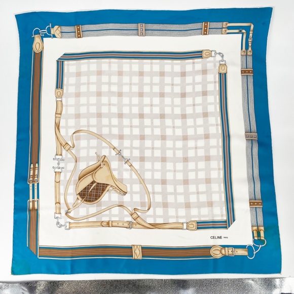 Celine Vintage 100% Silk Large Teal Bridle Horse Saddle Equestrian Scarf - Picture 13 of 14